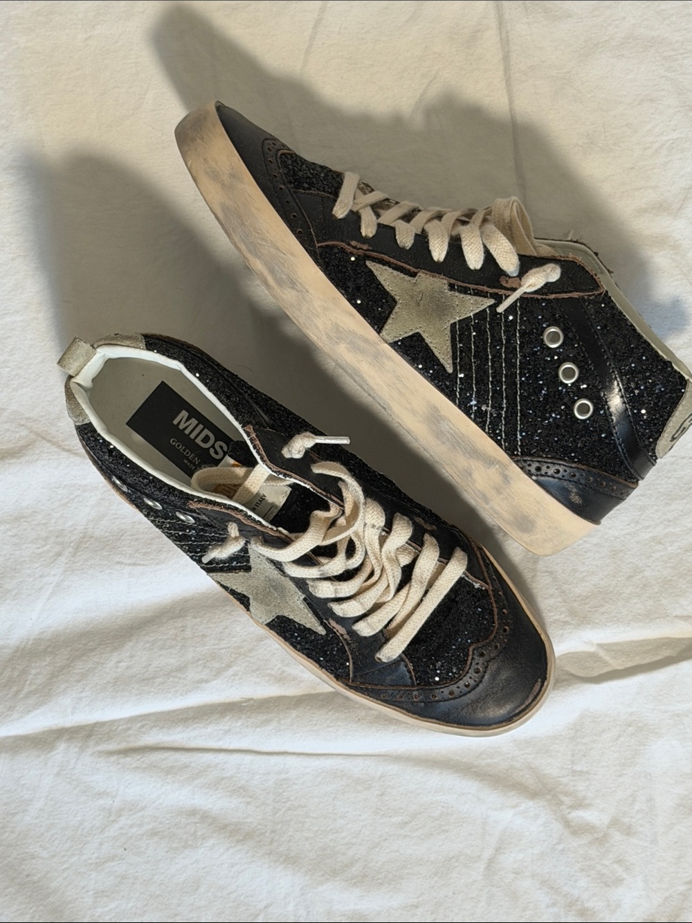 Golden Goose Mid-Star Black Glitter Sneakers with Cream Laces